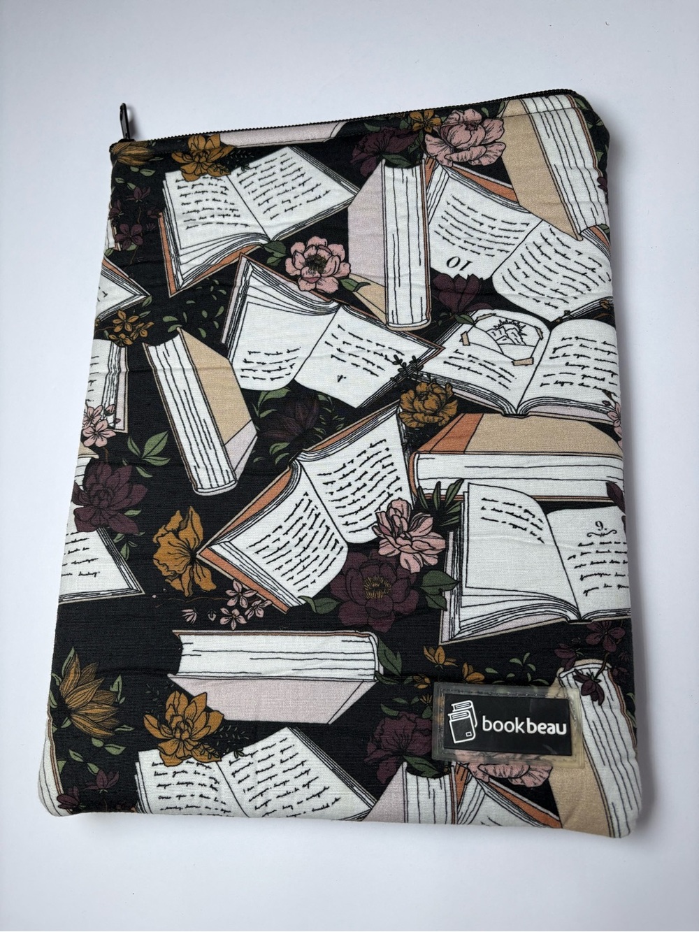 Beau Book Brand E-reader Sleeve Holder Romantic Reads Black Floral Book Pattern